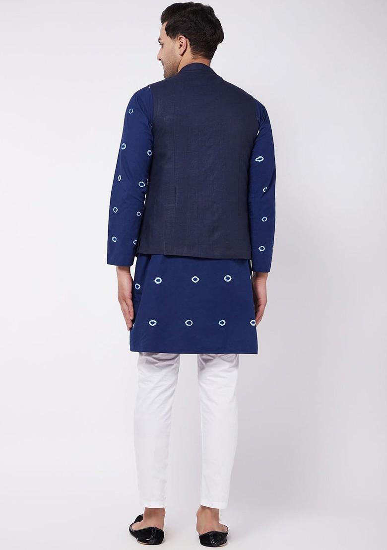 Blue Printed Cotton Kurta Set For Men