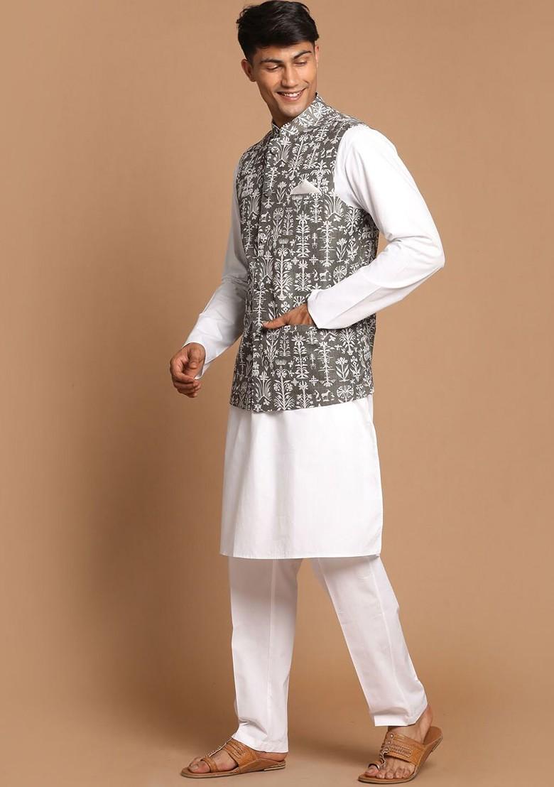 White Solid Cotton Kurta Set For Men