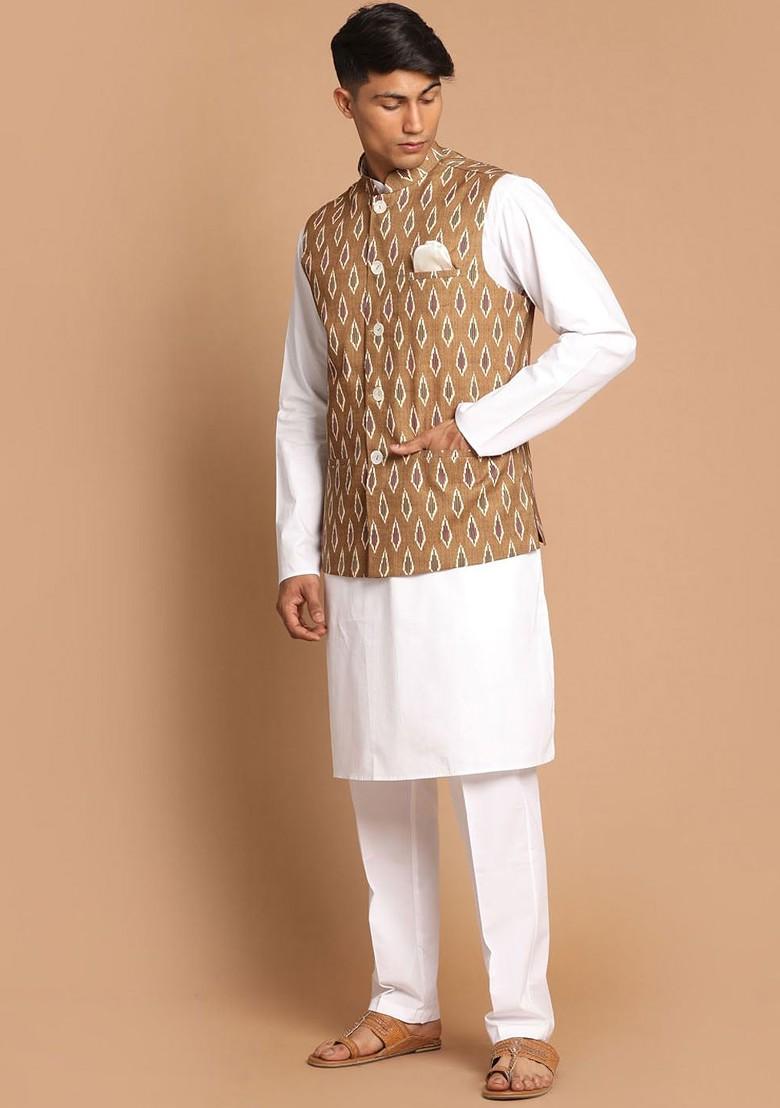 White Solid Cotton Kurta Set For Men