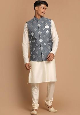 Grey Mirror Work Poly Blend Kurta Set For Men