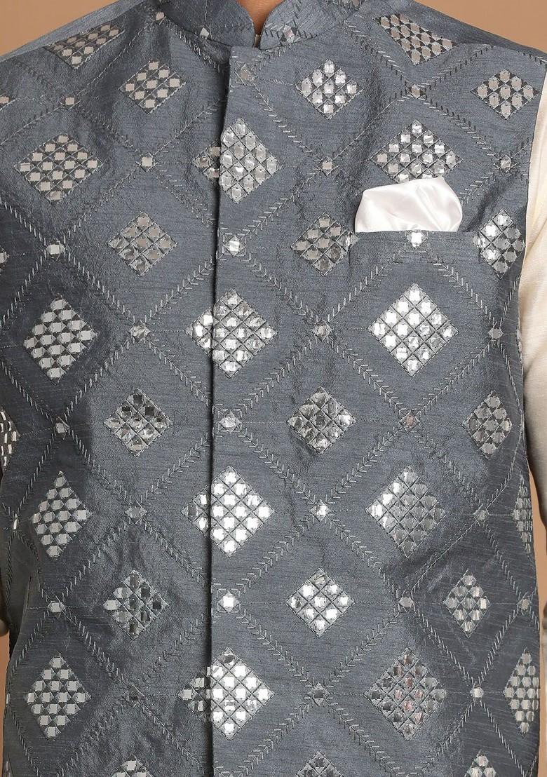 Grey Mirror Work Poly Blend Kurta Set For Men