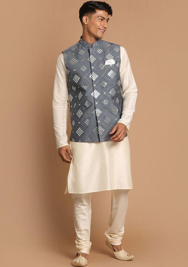 Grey Mirror Work Poly Blend Kurta Set For Men