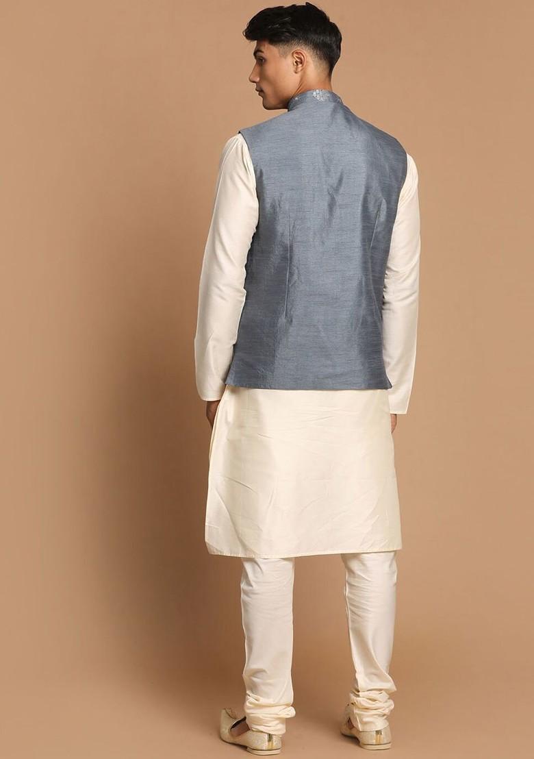 Grey Mirror Work Poly Blend Kurta Set For Men
