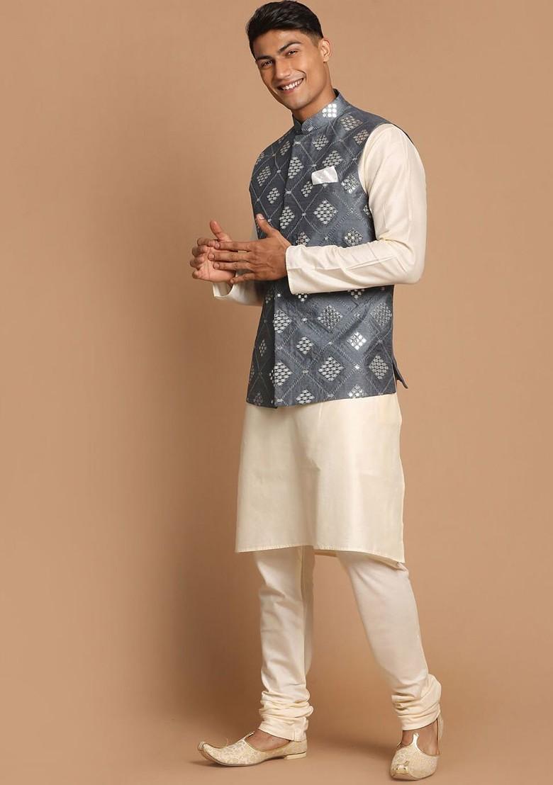 Grey Mirror Work Poly Blend Kurta Set For Men