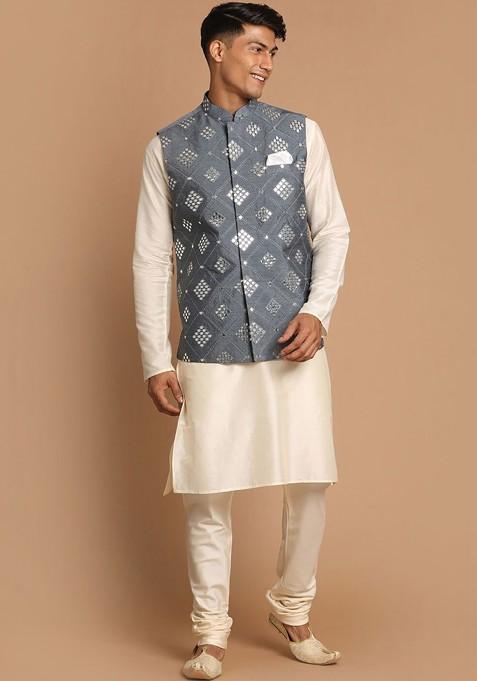 Grey Mirror Work Poly Blend Kurta Set For Men