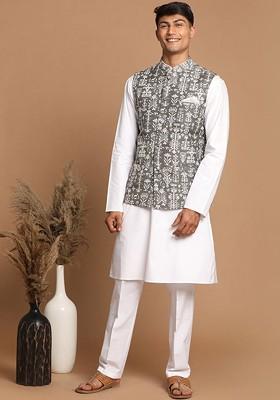 Green Floral Print Cotton Kurta Set For Men
