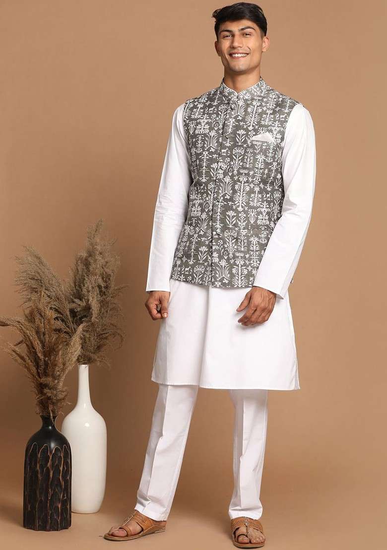 Green Floral Print Cotton Kurta Set For Men - Indya
