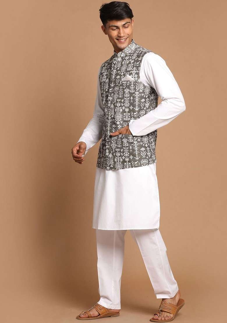Green Floral Print Cotton Kurta Set For Men - Indya
