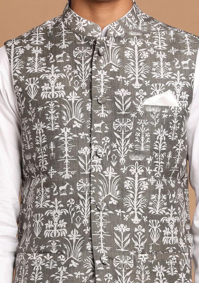 Green Floral Print Cotton Kurta Set For Men