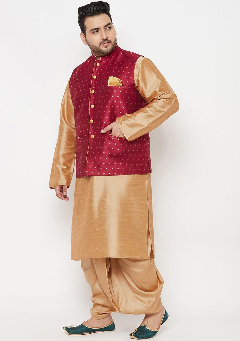 Rose Gold Solid Poly Blend Kurta Set For Men
