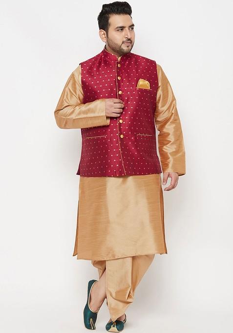 Rose Gold Solid Poly Blend Kurta Set For Men