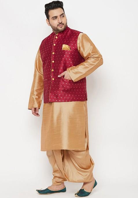 Rose Gold Solid Poly Blend Kurta Set For Men