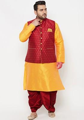 Yellow Solid Poly Blend Kurta Set For Men