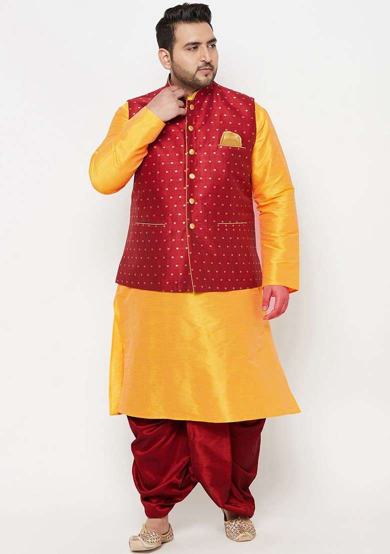 Yellow Solid Poly Blend Kurta Set For Men - Indya