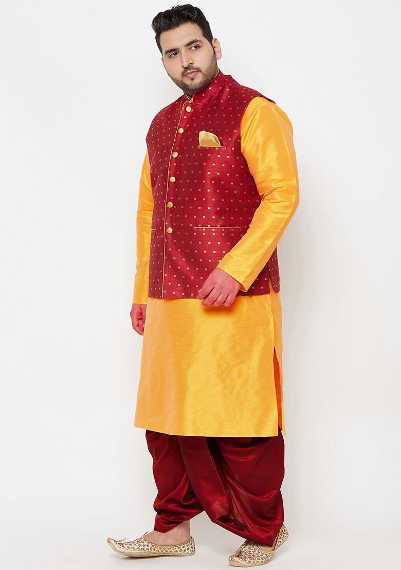 Yellow Solid Poly Blend Kurta Set For Men