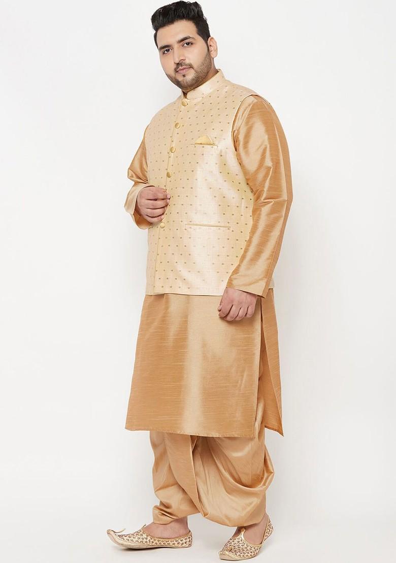 Rose Gold Solid Poly Blend Kurta Set For Men
