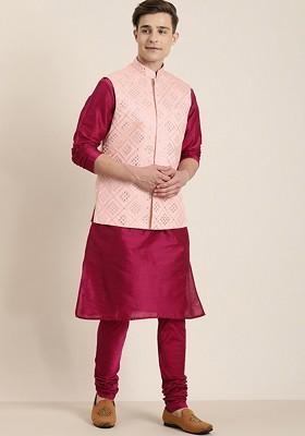 Fuchsia Pink Solid Poly Blend Kurta Set For Men