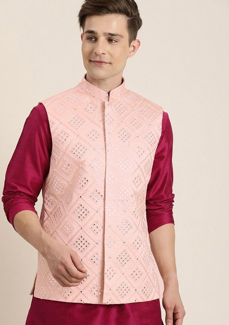 Fuchsia Pink Solid Poly Blend Kurta Set For Men