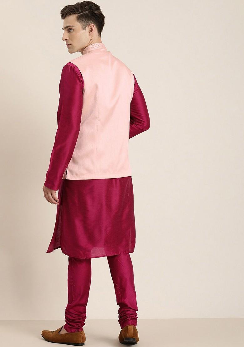 Fuchsia Pink Solid Poly Blend Kurta Set For Men