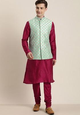 Fuchsia Pink Floral Print Poly Blend Kurta Set For Men