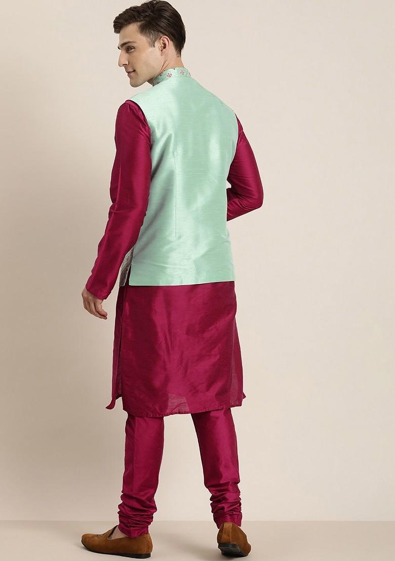 Fuchsia Pink Floral Print Poly Blend Kurta Set For Men