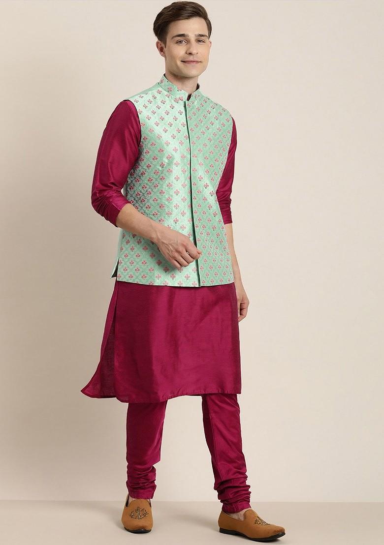 Fuchsia Pink Floral Print Poly Blend Kurta Set For Men