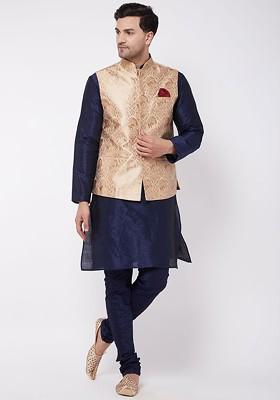 Navy Blue Solid Poly Blend Kurta Set For Men