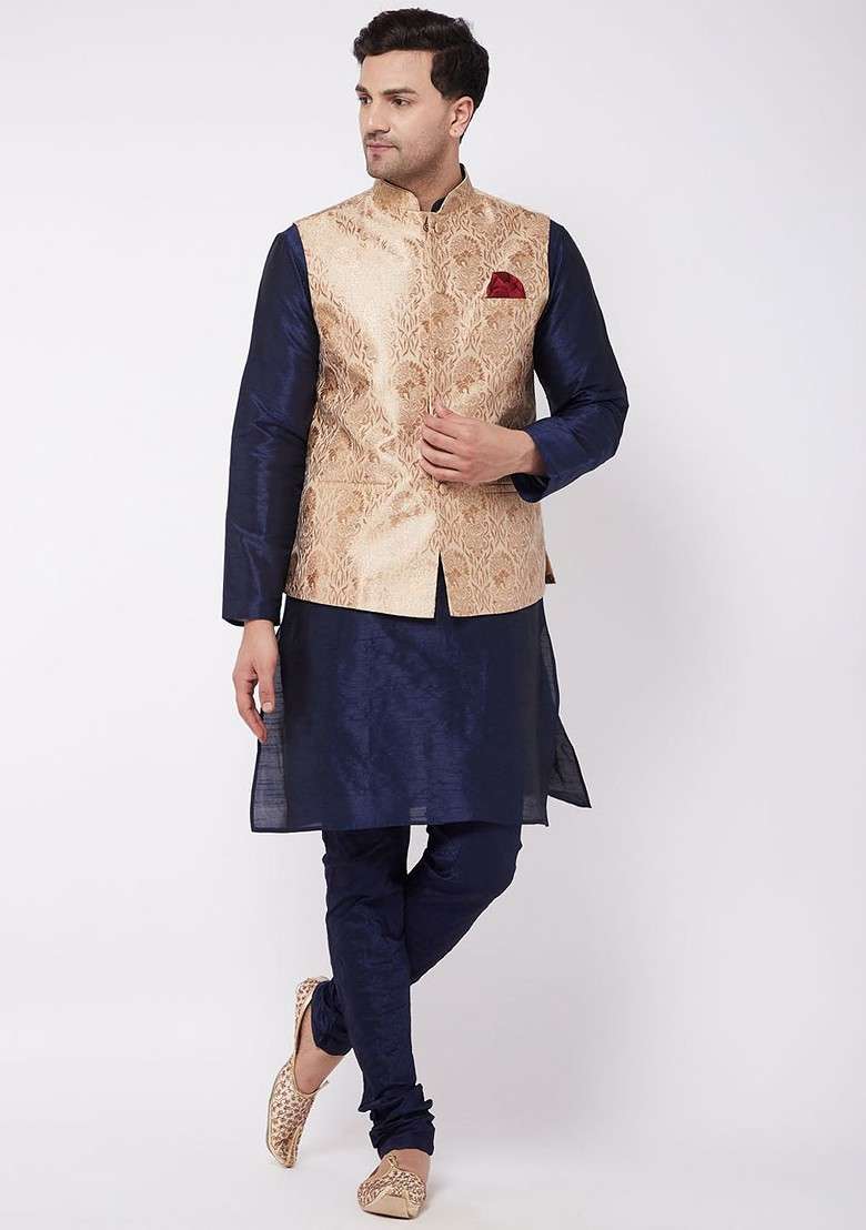 Navy Blue Solid Poly Blend Kurta Set For Men - Indya