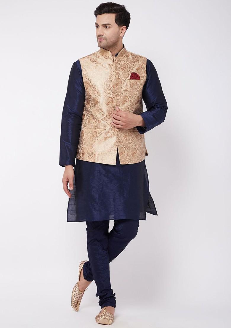Navy Blue Solid Poly Blend Kurta Set For Men