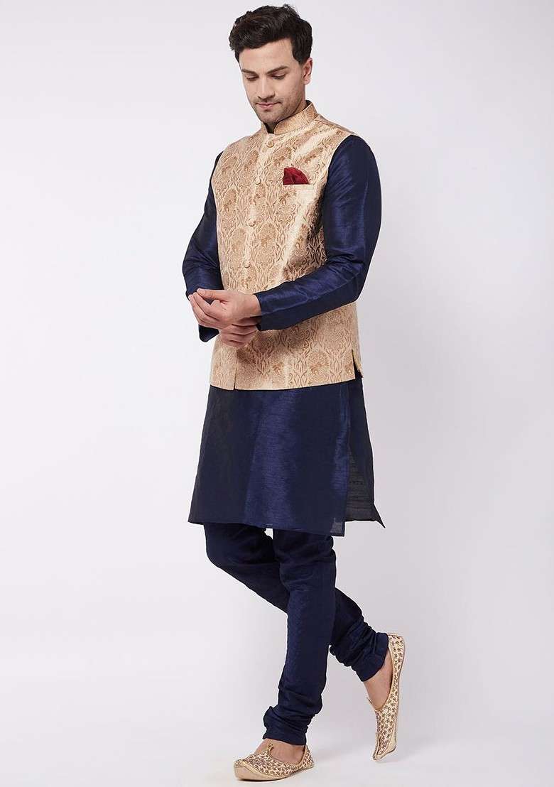 Navy Blue Solid Poly Blend Kurta Set For Men - Indya