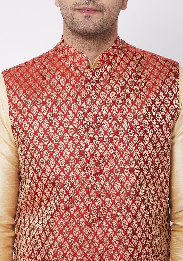 Gold Solid Poly Blend Kurta Set For Men