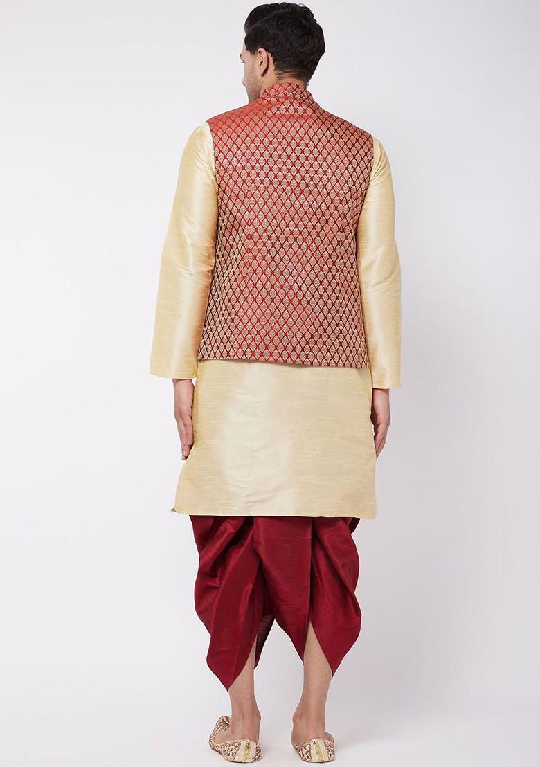 Gold Solid Poly Blend Kurta Set For Men