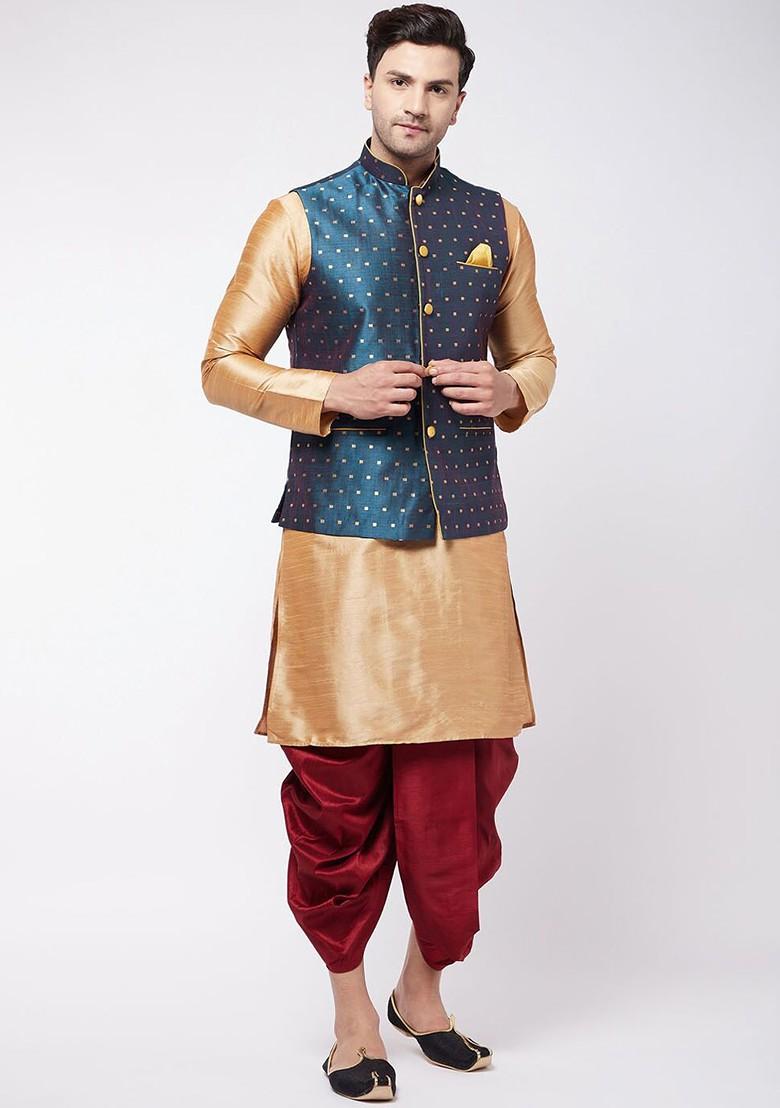 Rose Gold Solid Poly Blend Kurta Set For Men