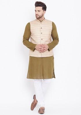 Olive Solid Poly Blend Kurta Set For Men
