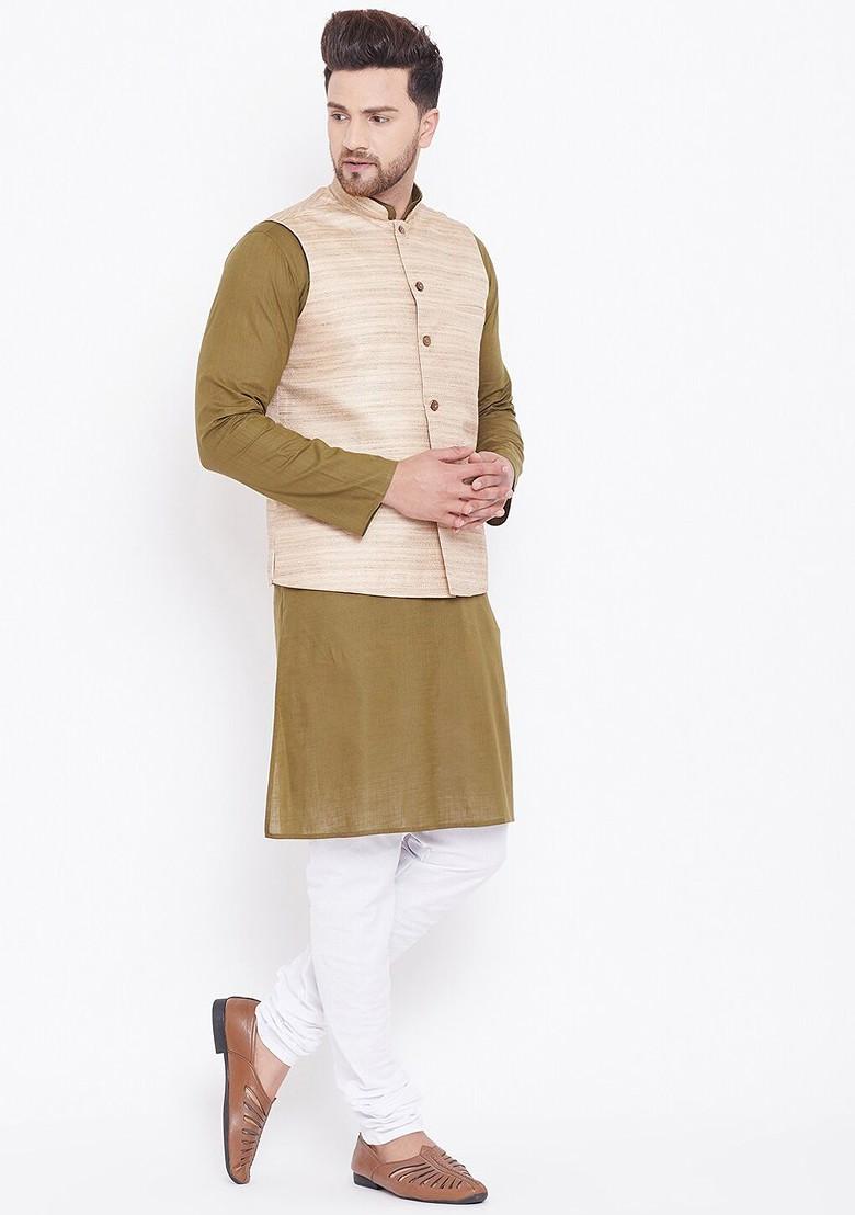 Olive Solid Poly Blend Kurta Set For Men
