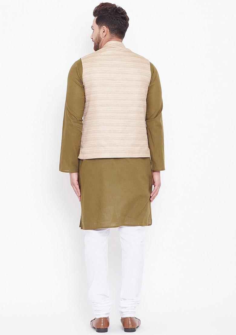 Olive Solid Poly Blend Kurta Set For Men