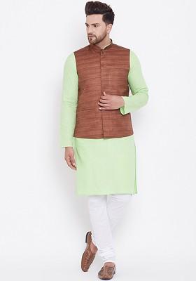 Green Solid Poly Blend Kurta Set For Men
