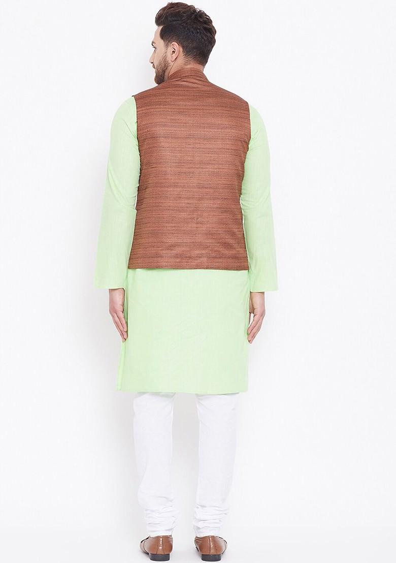 Green Solid Poly Blend Kurta Set For Men