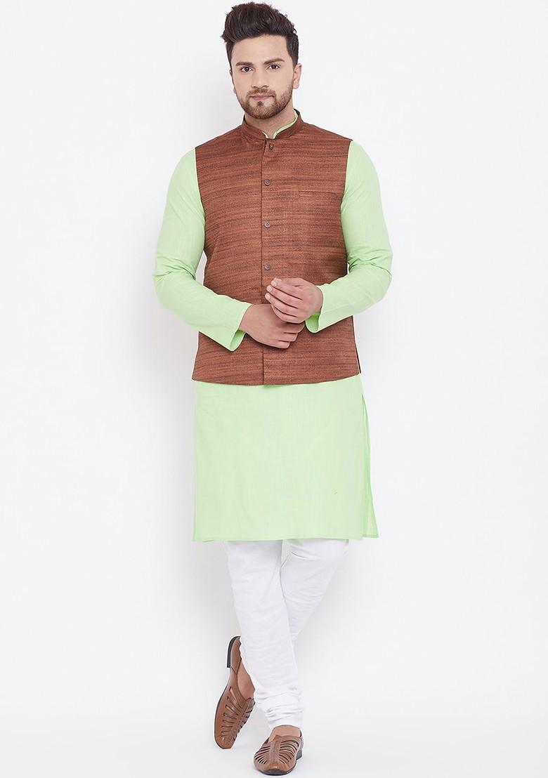 Green Solid Poly Blend Kurta Set For Men