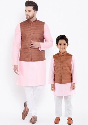 Pink Solid Poly Blend Kurta Set For Men