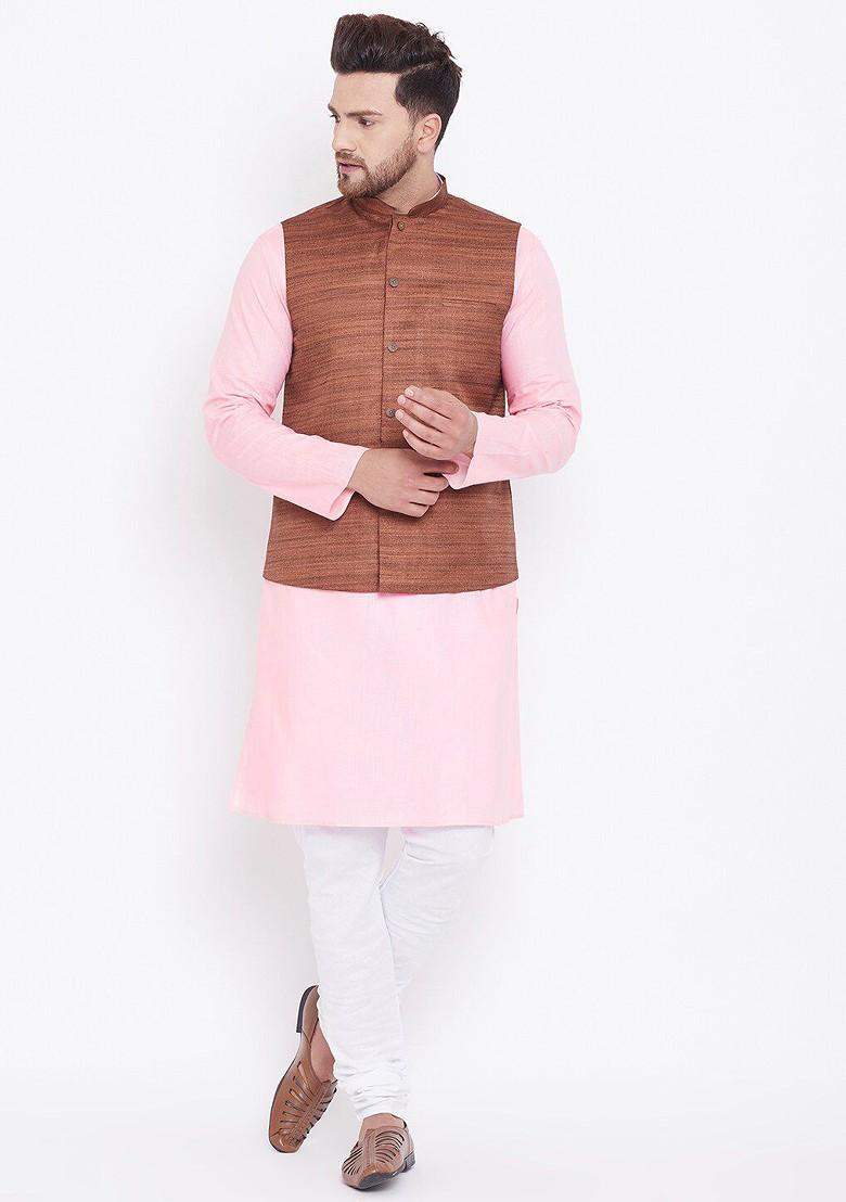 Pink Solid Poly Blend Kurta Set For Men