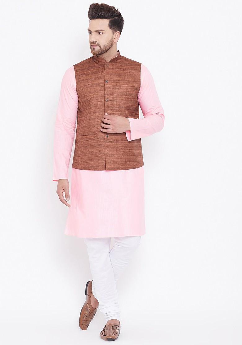 Pink Solid Poly Blend Kurta Set For Men