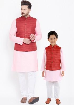 Pink Solid Poly Blend Kurta Set For Men