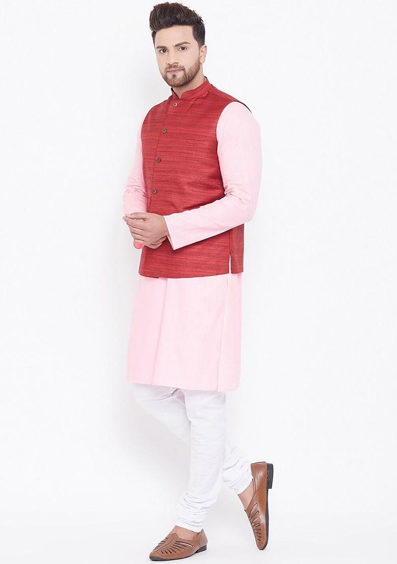 Pink Solid Poly Blend Kurta Set For Men