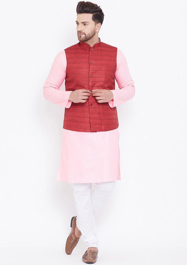 Pink Solid Poly Blend Kurta Set For Men