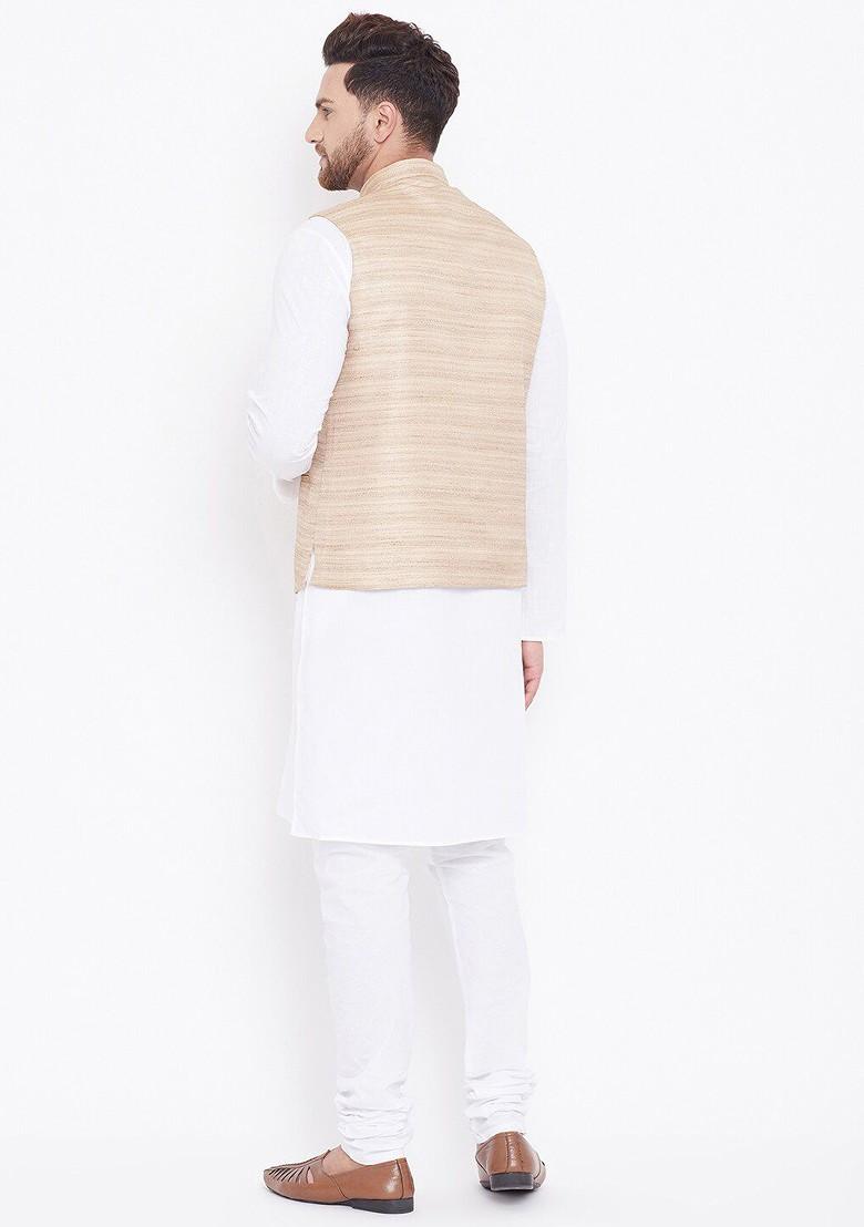 White Solid Poly Blend Kurta Set For Men