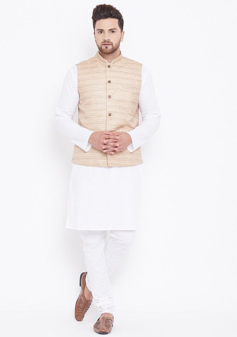 White Solid Poly Blend Kurta Set For Men