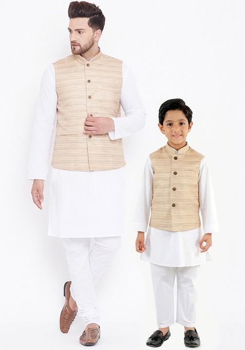 White Solid Poly Blend Kurta Set For Men