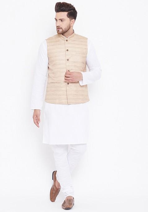 White Solid Poly Blend Kurta Set For Men