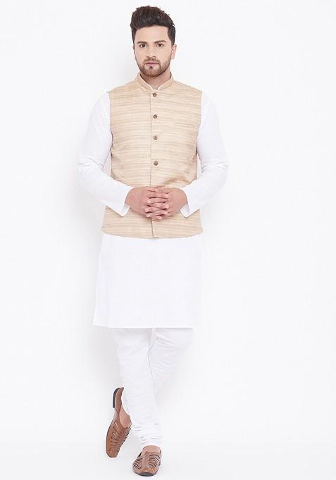 White Solid Poly Blend Kurta Set For Men